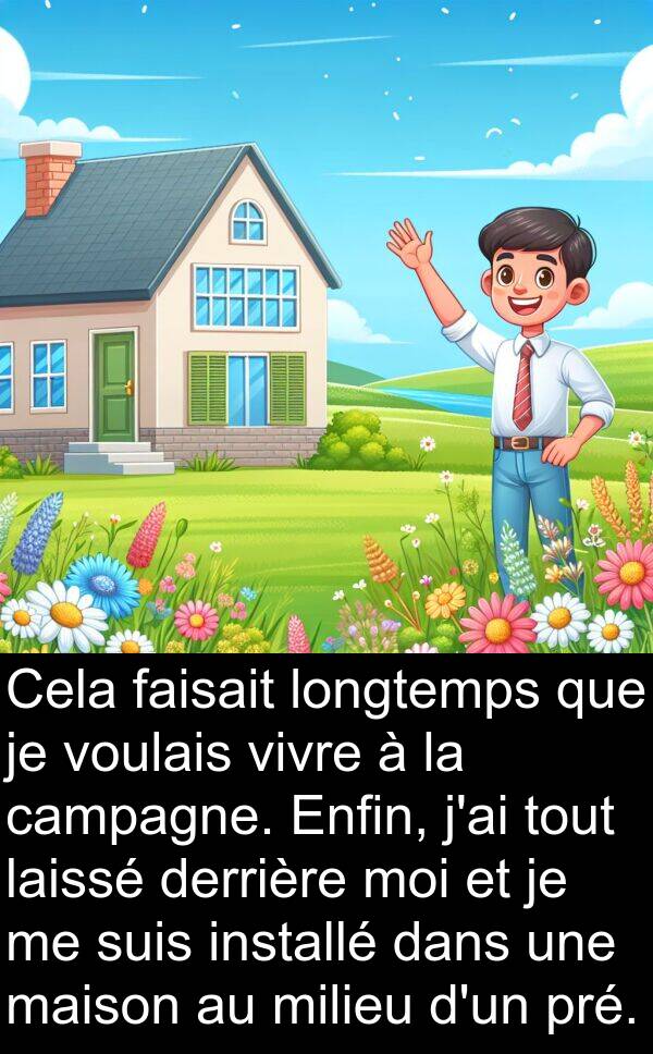 longtemps: Cela faisait longtemps que je voulais vivre à la campagne. Enfin, j'ai tout laissé derrière moi et je me suis installé dans une maison au milieu d'un pré.