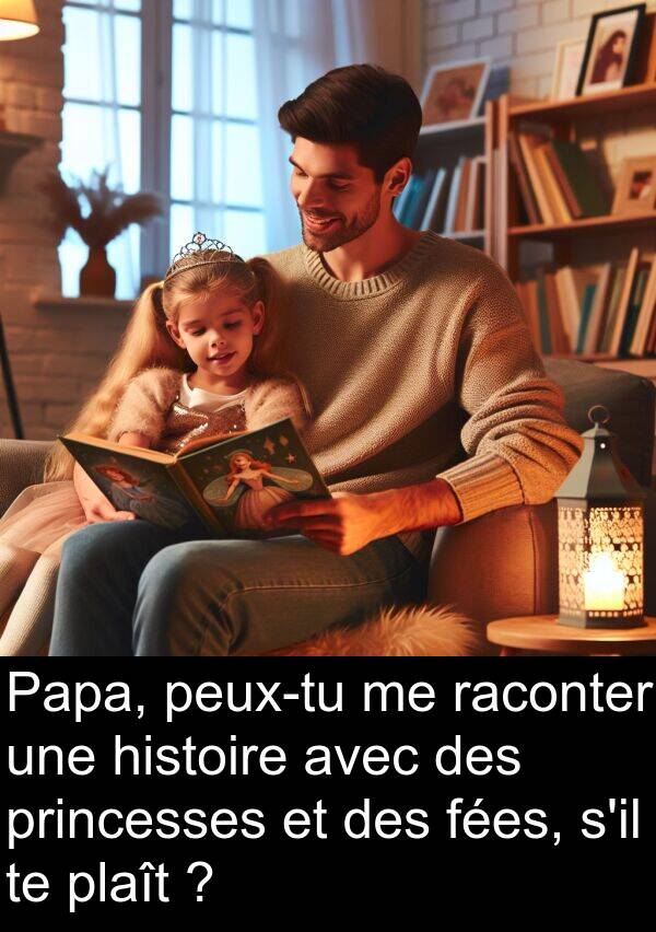raconter: Papa, peux-tu me raconter une histoire avec des princesses et des fées, s'il te plaît ?
