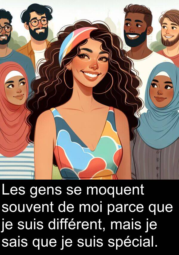 gens: Les gens se moquent souvent de moi parce que je suis différent, mais je sais que je suis spécial.
