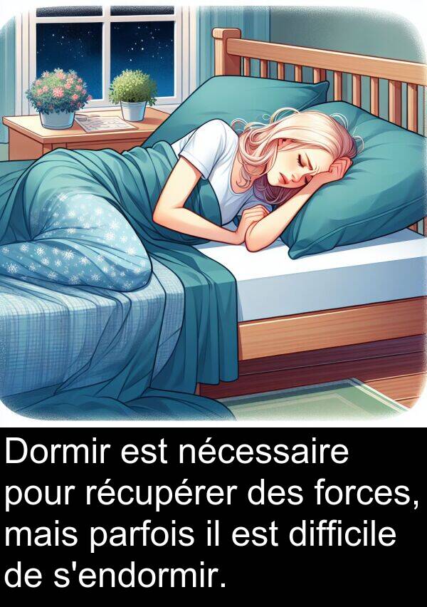 récupérer: Dormir est nécessaire pour récupérer des forces, mais parfois il est difficile de s'endormir.