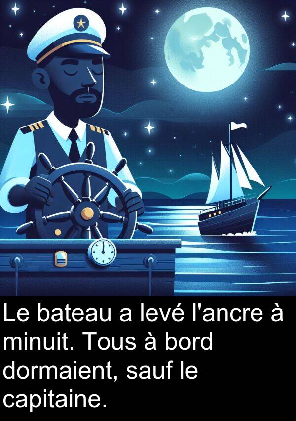 bateau: Le bateau a levé l'ancre à minuit. Tous à bord dormaient, sauf le capitaine.