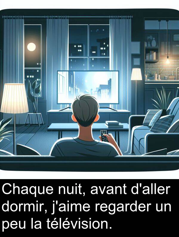 regarder: Chaque nuit, avant d'aller dormir, j'aime regarder un peu la télévision.