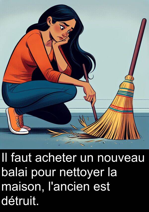balai: Il faut acheter un nouveau balai pour nettoyer la maison, l'ancien est détruit.