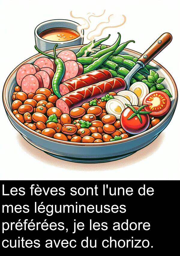 cuites: Les fèves sont l'une de mes légumineuses préférées, je les adore cuites avec du chorizo.