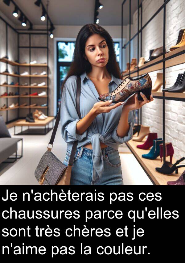 couleur: Je n'achèterais pas ces chaussures parce qu'elles sont très chères et je n'aime pas la couleur.