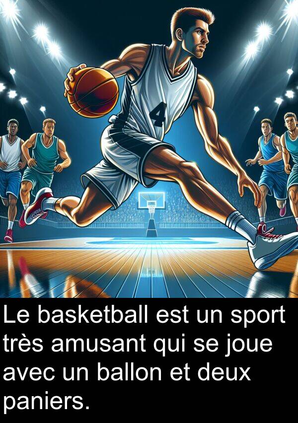 ballon: Le basketball est un sport très amusant qui se joue avec un ballon et deux paniers.