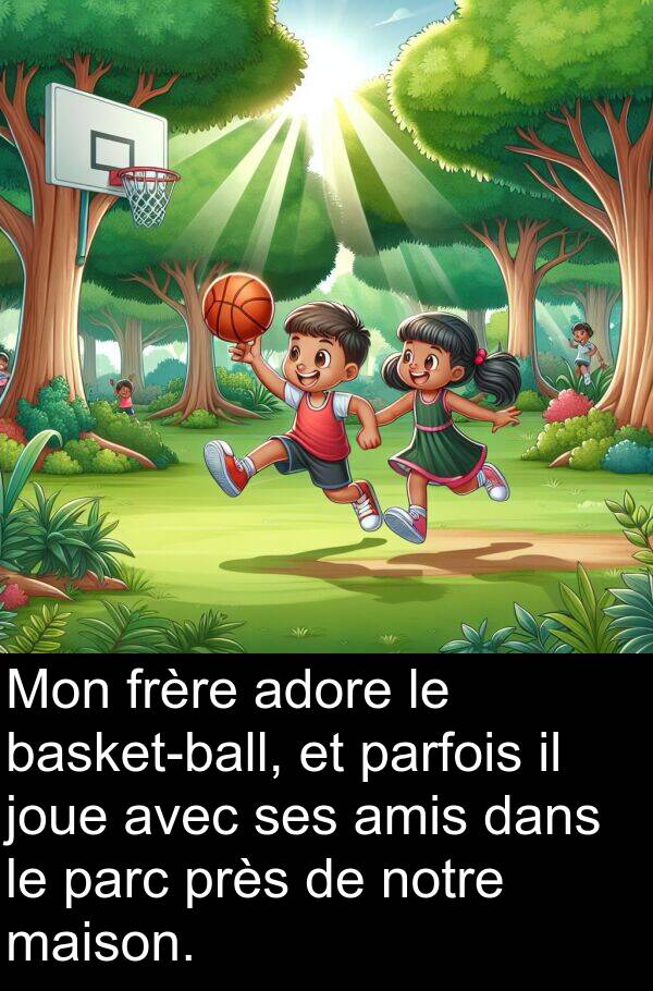 joue: Mon frère adore le basket-ball, et parfois il joue avec ses amis dans le parc près de notre maison.