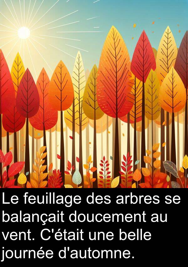 balançait: Le feuillage des arbres se balançait doucement au vent. C'était une belle journée d'automne.