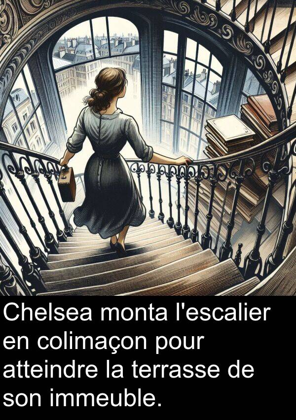 immeuble: Chelsea monta l'escalier en colimaçon pour atteindre la terrasse de son immeuble.