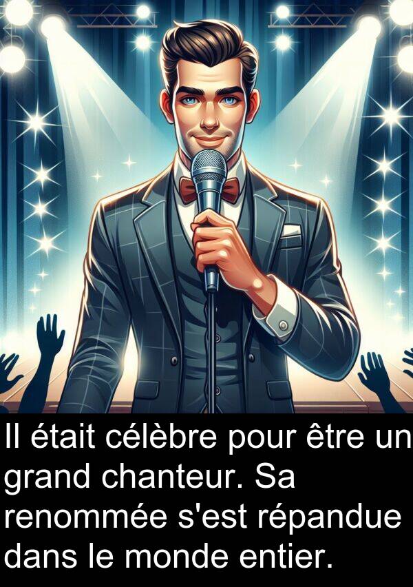 répandue: Il était célèbre pour être un grand chanteur. Sa renommée s'est répandue dans le monde entier.