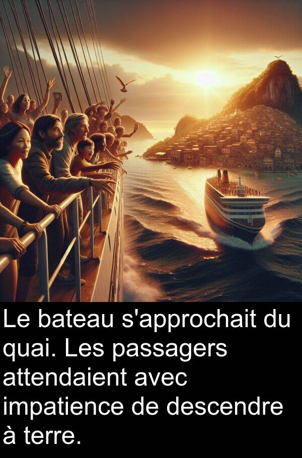 bateau: Le bateau s'approchait du quai. Les passagers attendaient avec impatience de descendre à terre.