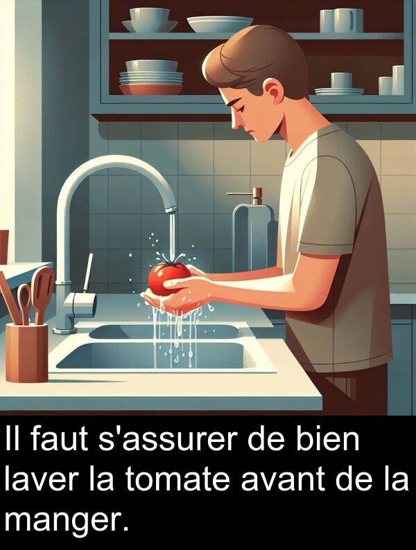 laver: Il faut s'assurer de bien laver la tomate avant de la manger.