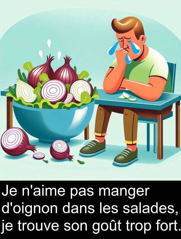 salades: Je n'aime pas manger d'oignon dans les salades, je trouve son goût trop fort.