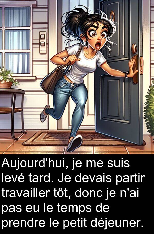 levé: Aujourd'hui, je me suis levé tard. Je devais partir travailler tôt, donc je n'ai pas eu le temps de prendre le petit déjeuner.