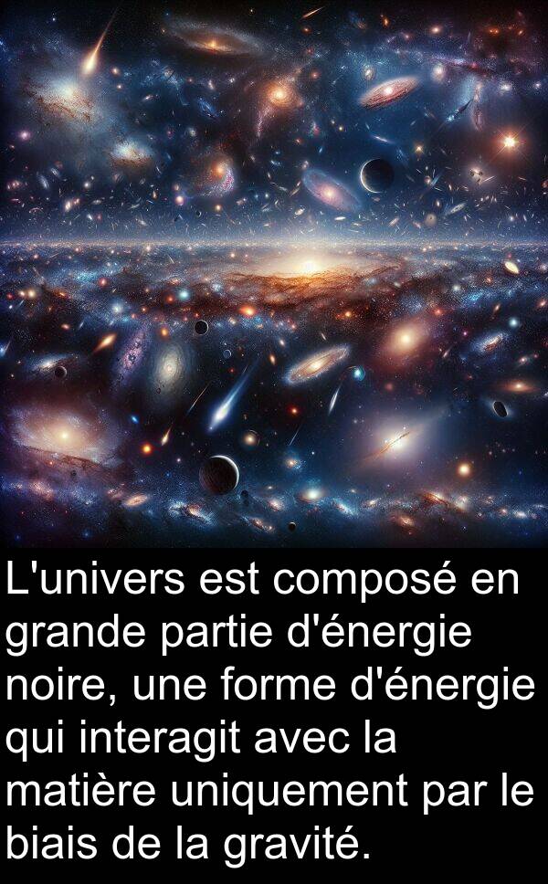 biais: L'univers est composé en grande partie d'énergie noire, une forme d'énergie qui interagit avec la matière uniquement par le biais de la gravité.