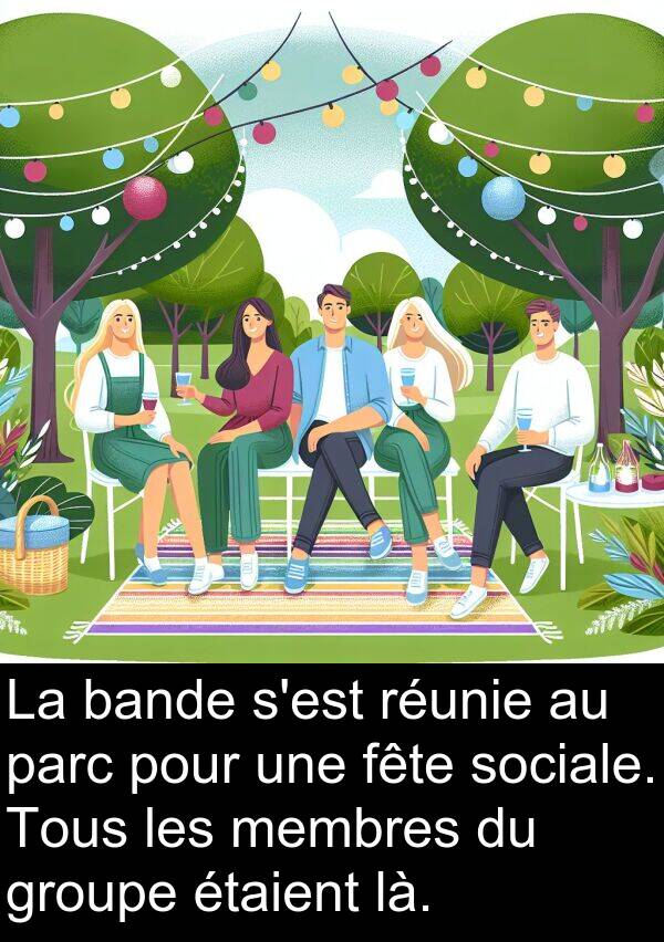 là: La bande s'est réunie au parc pour une fête sociale. Tous les membres du groupe étaient là.