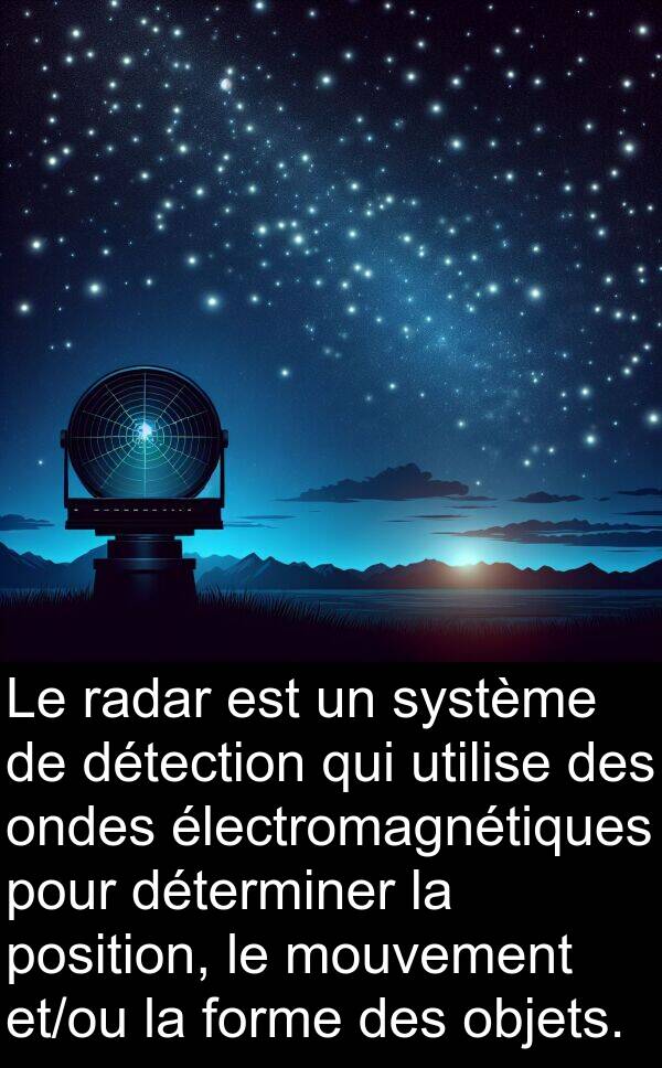 ondes: Le radar est un système de détection qui utilise des ondes électromagnétiques pour déterminer la position, le mouvement et/ou la forme des objets.