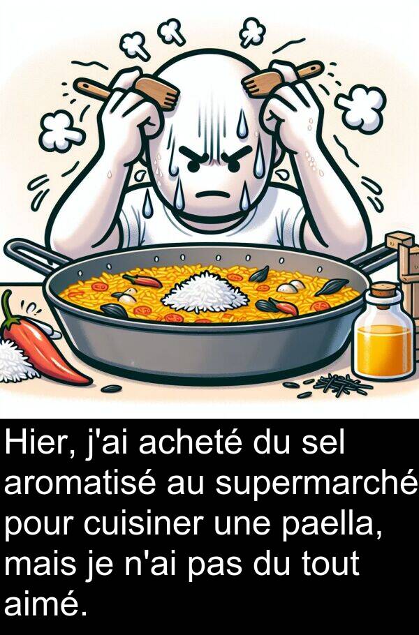 cuisiner: Hier, j'ai acheté du sel aromatisé au supermarché pour cuisiner une paella, mais je n'ai pas du tout aimé.