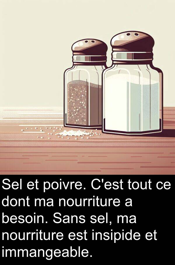 immangeable: Sel et poivre. C'est tout ce dont ma nourriture a besoin. Sans sel, ma nourriture est insipide et immangeable.