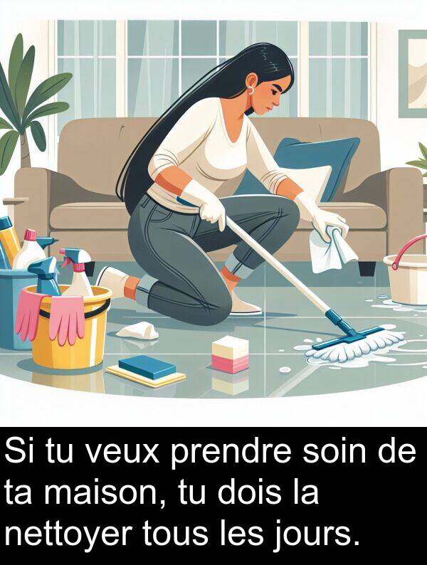 jours: Si tu veux prendre soin de ta maison, tu dois la nettoyer tous les jours.
