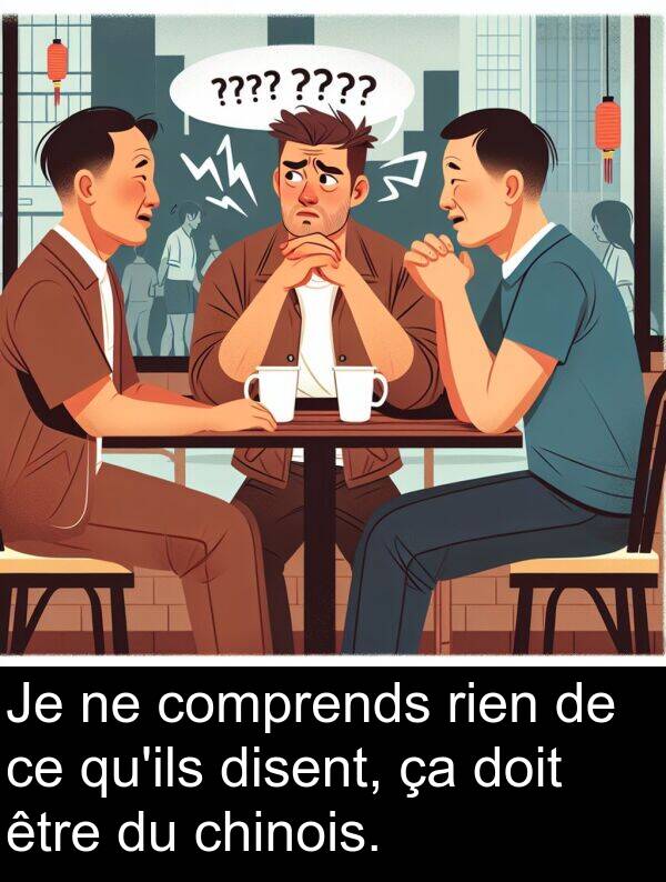 chinois: Je ne comprends rien de ce qu'ils disent, ça doit être du chinois.