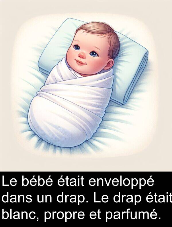 bébé: Le bébé était enveloppé dans un drap. Le drap était blanc, propre et parfumé.