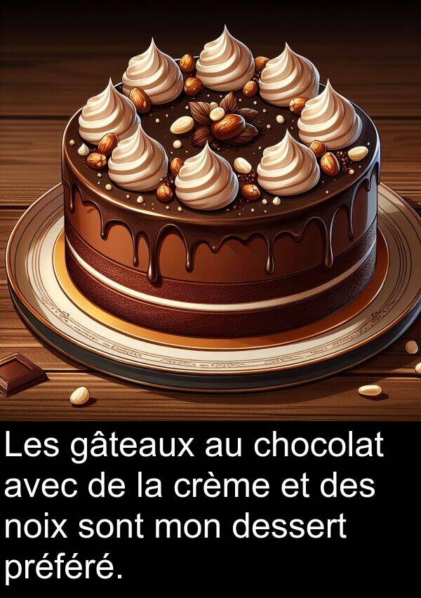 gâteaux: Les gâteaux au chocolat avec de la crème et des noix sont mon dessert préféré.