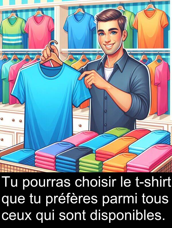 choisir: Tu pourras choisir le t-shirt que tu préfères parmi tous ceux qui sont disponibles.