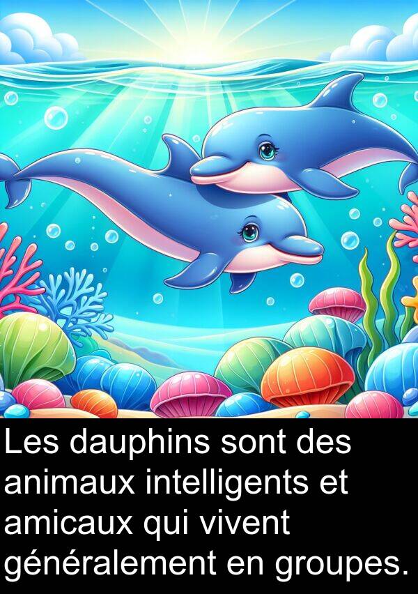 dauphins: Les dauphins sont des animaux intelligents et amicaux qui vivent généralement en groupes.