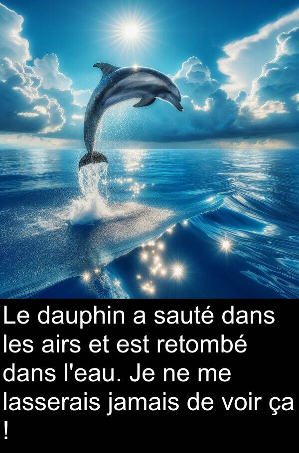 lasserais: Le dauphin a sauté dans les airs et est retombé dans l'eau. Je ne me lasserais jamais de voir ça !