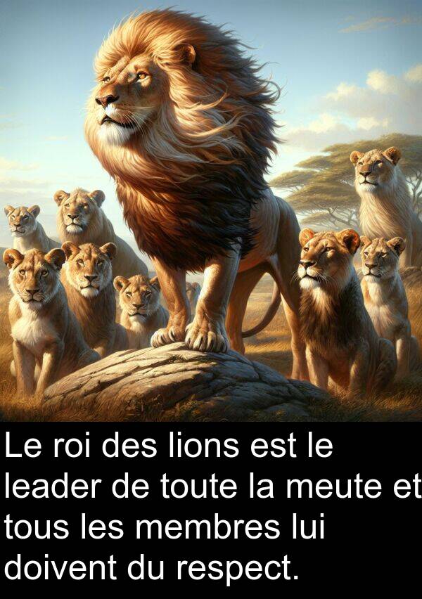 meute: Le roi des lions est le leader de toute la meute et tous les membres lui doivent du respect.
