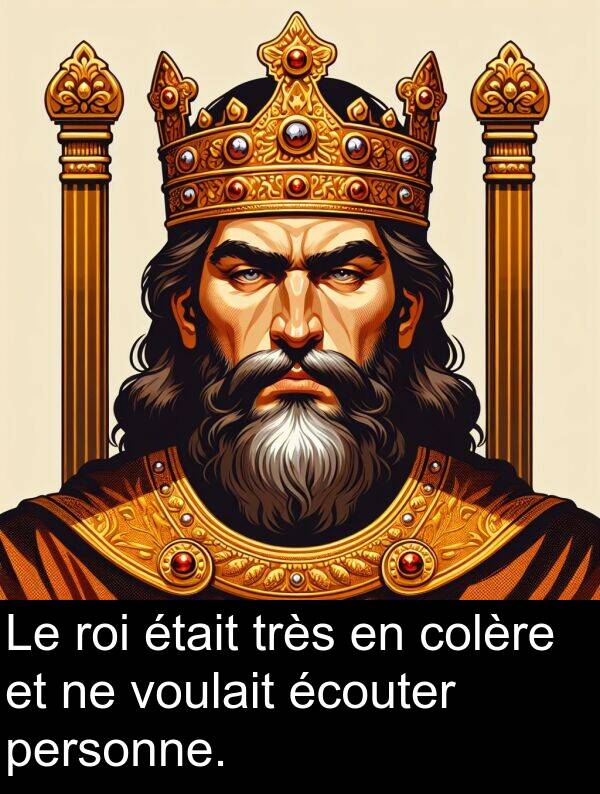écouter: Le roi était très en colère et ne voulait écouter personne.