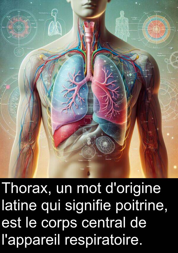 latine: Thorax, un mot d'origine latine qui signifie poitrine, est le corps central de l'appareil respiratoire.
