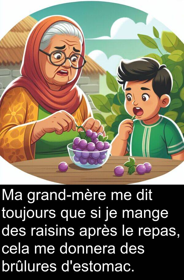 mange: Ma grand-mère me dit toujours que si je mange des raisins après le repas, cela me donnera des brûlures d'estomac.