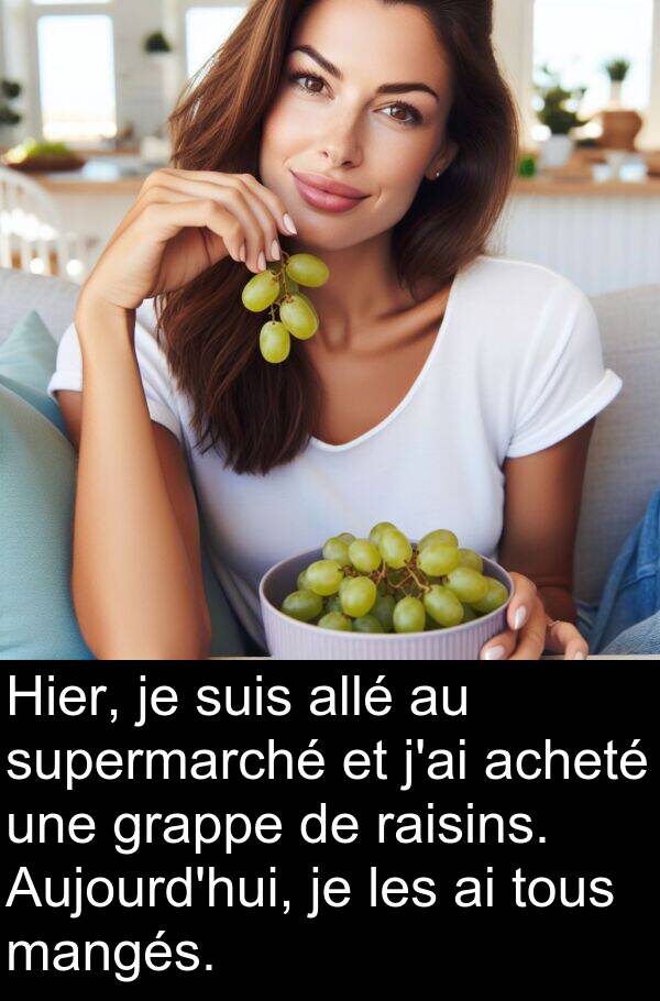 mangés: Hier, je suis allé au supermarché et j'ai acheté une grappe de raisins. Aujourd'hui, je les ai tous mangés.