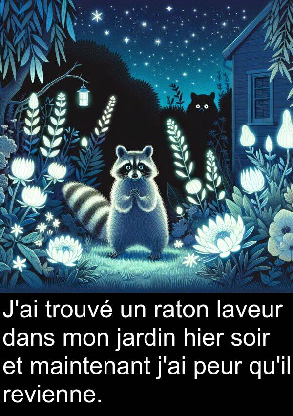 laveur: J'ai trouvé un raton laveur dans mon jardin hier soir et maintenant j'ai peur qu'il revienne.