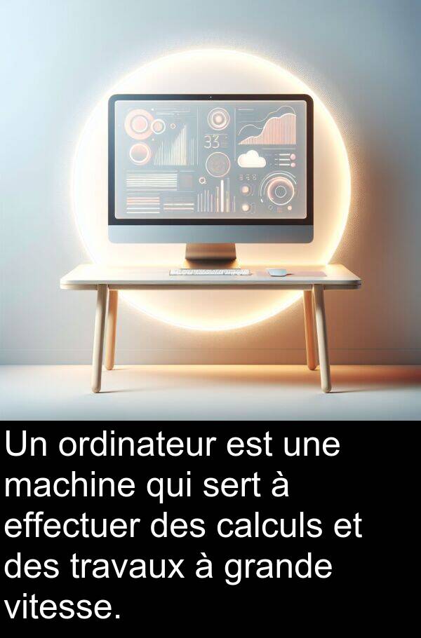 effectuer: Un ordinateur est une machine qui sert à effectuer des calculs et des travaux à grande vitesse.