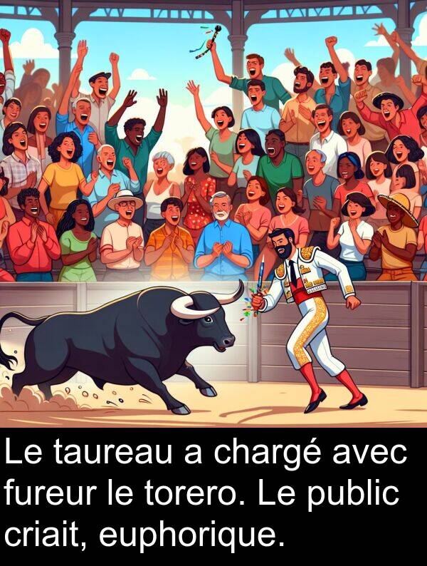 fureur: Le taureau a chargé avec fureur le torero. Le public criait, euphorique.