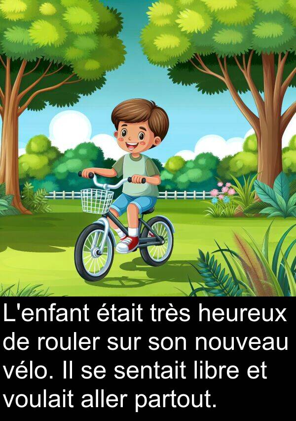 heureux: L'enfant était très heureux de rouler sur son nouveau vélo. Il se sentait libre et voulait aller partout.