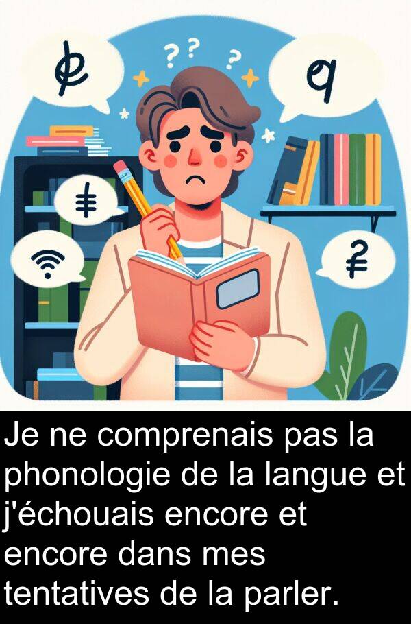comprenais: Je ne comprenais pas la phonologie de la langue et j'échouais encore et encore dans mes tentatives de la parler.
