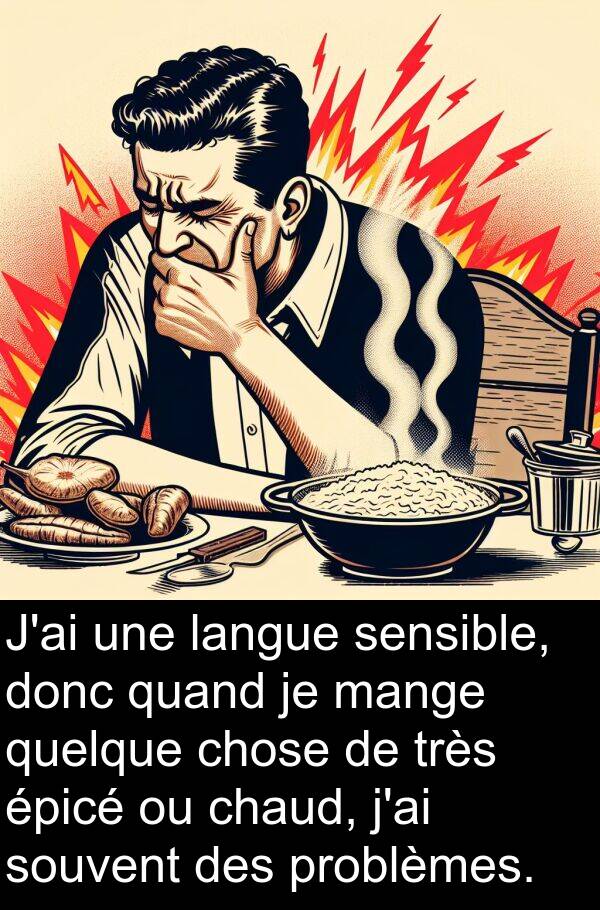 mange: J'ai une langue sensible, donc quand je mange quelque chose de très épicé ou chaud, j'ai souvent des problèmes.
