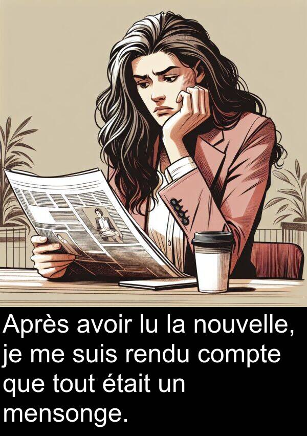 mensonge: Après avoir lu la nouvelle, je me suis rendu compte que tout était un mensonge.