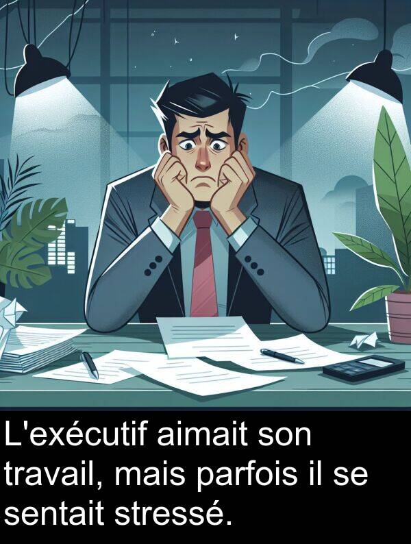 stressé: L'exécutif aimait son travail, mais parfois il se sentait stressé.