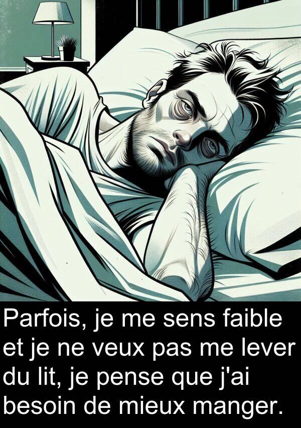 faible: Parfois, je me sens faible et je ne veux pas me lever du lit, je pense que j'ai besoin de mieux manger.