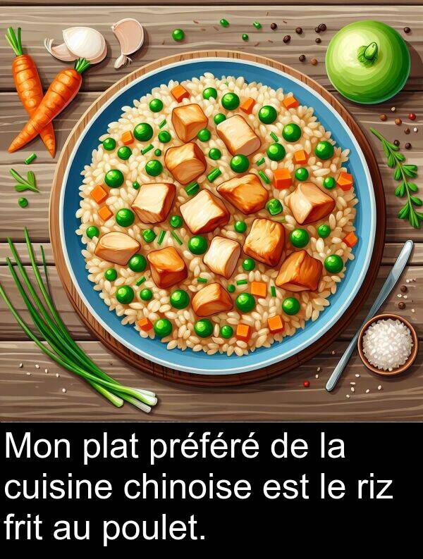 frit: Mon plat préféré de la cuisine chinoise est le riz frit au poulet.