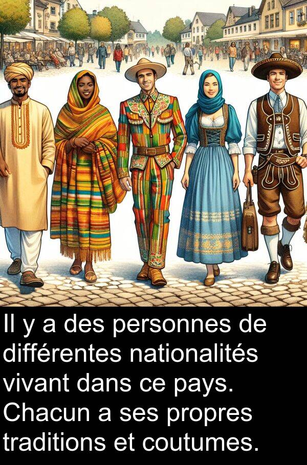 traditions: Il y a des personnes de différentes nationalités vivant dans ce pays. Chacun a ses propres traditions et coutumes.