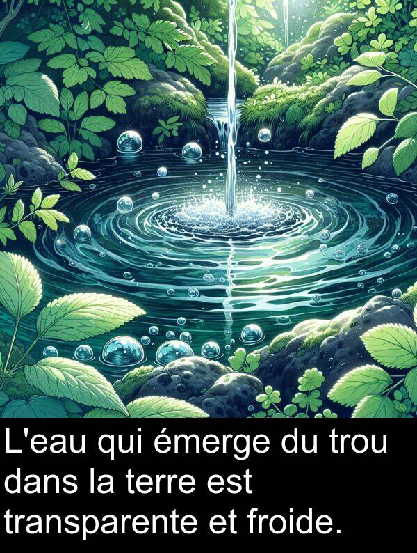 froide: L'eau qui émerge du trou dans la terre est transparente et froide.