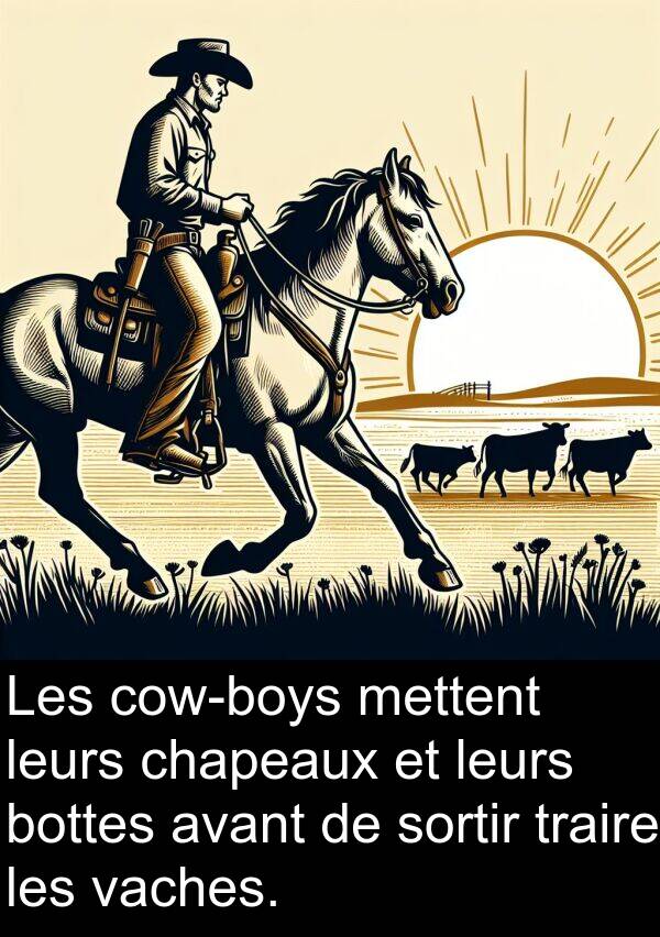 leurs: Les cow-boys mettent leurs chapeaux et leurs bottes avant de sortir traire les vaches.