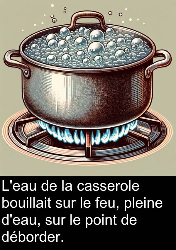 déborder: L'eau de la casserole bouillait sur le feu, pleine d'eau, sur le point de déborder.