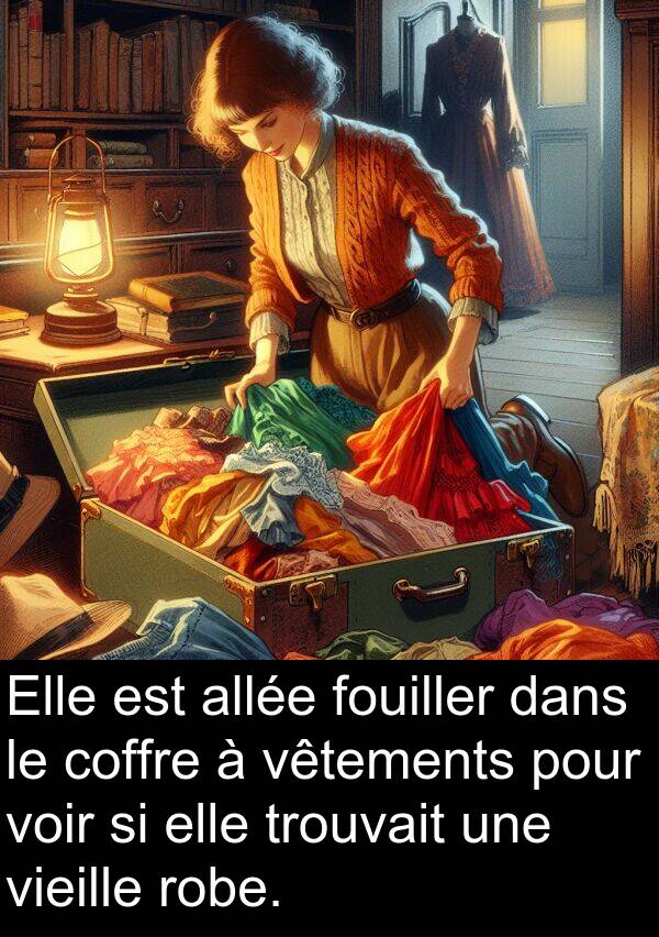 trouvait: Elle est allée fouiller dans le coffre à vêtements pour voir si elle trouvait une vieille robe.